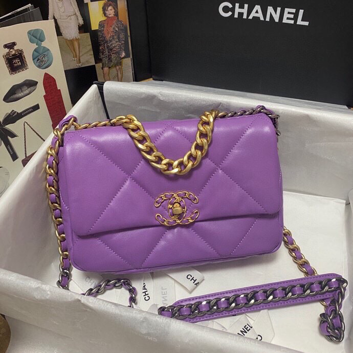Ch**el 19 calfskin in purple-26×16×9cm