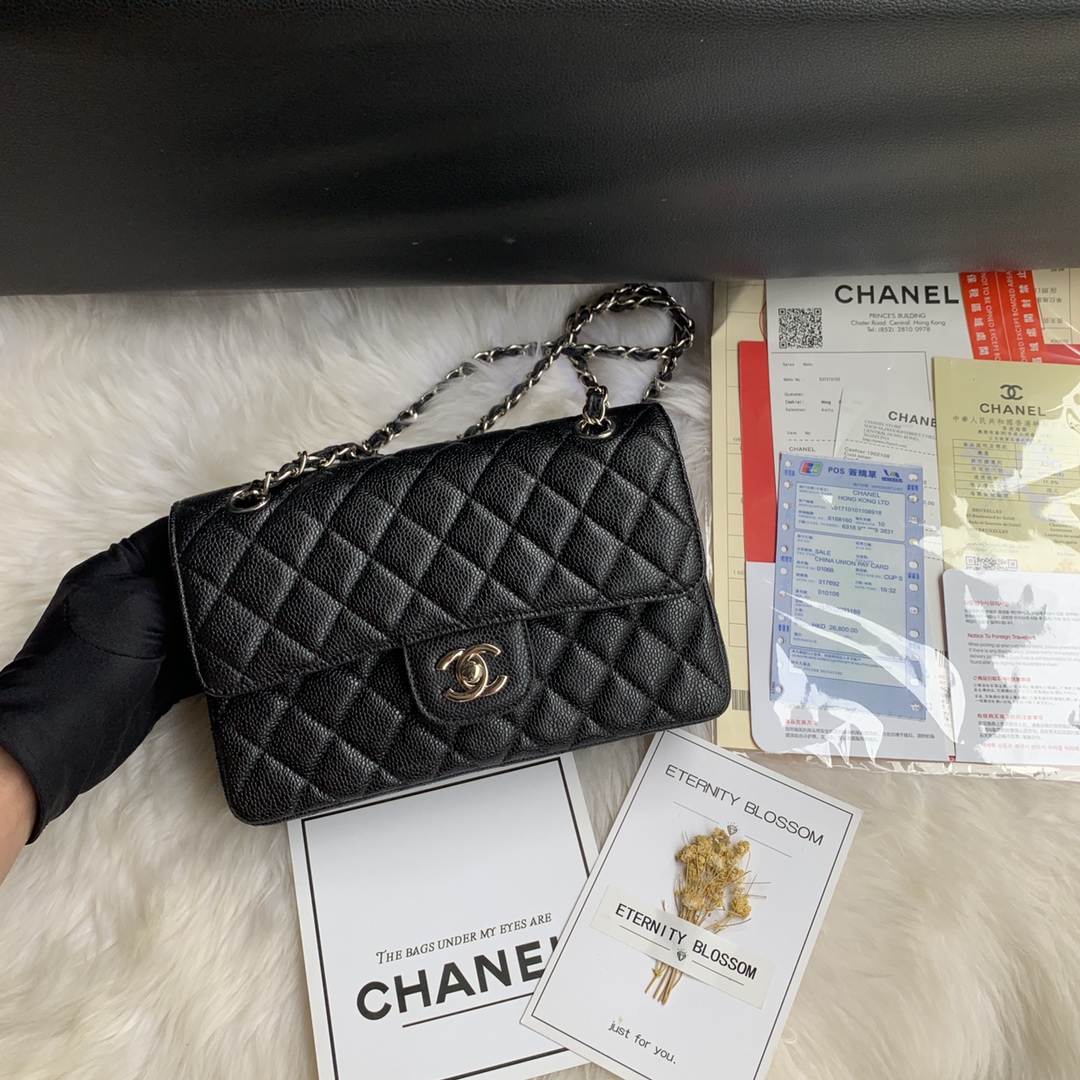 Ch**el cf caviar black gold chain 25cm