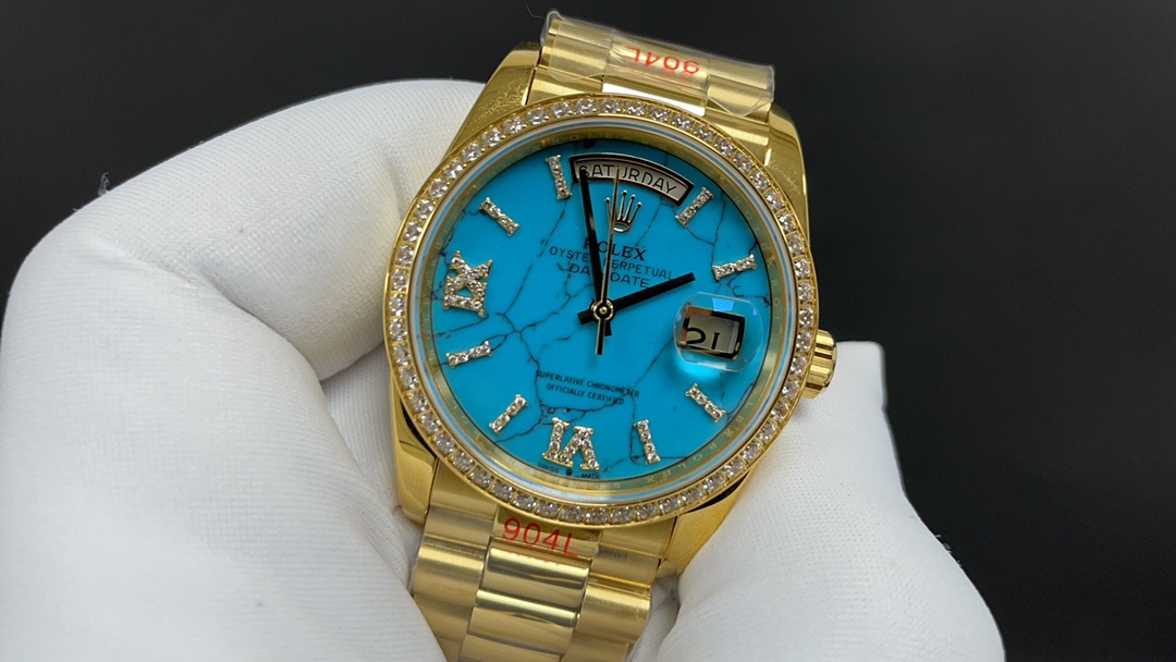 r01ex oyster perpetual day and date G01den and blue 36 mm 2836