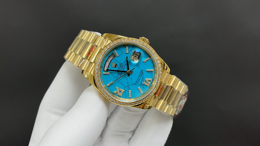 r01ex oyster perpetual day and date G01den and blue 36 mm 2836